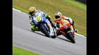 Valentino Rossi riding ahead of Andrea Dovizioso in British GP