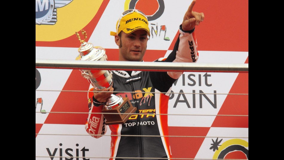 Mattia Pasini on the podium at Donington