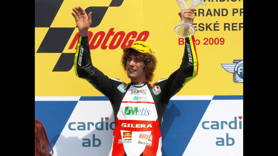 Marco Simoncelli on the podium at Brno