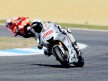 Lorenzo riding ahead of Stoner in Estoril