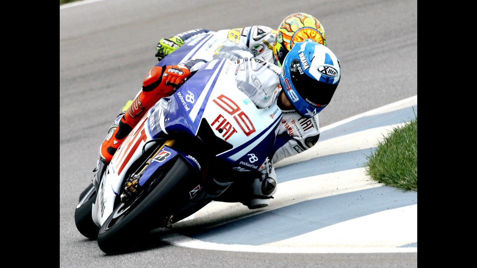 Lorenzo riding ahead of Rossi in Indianapolis