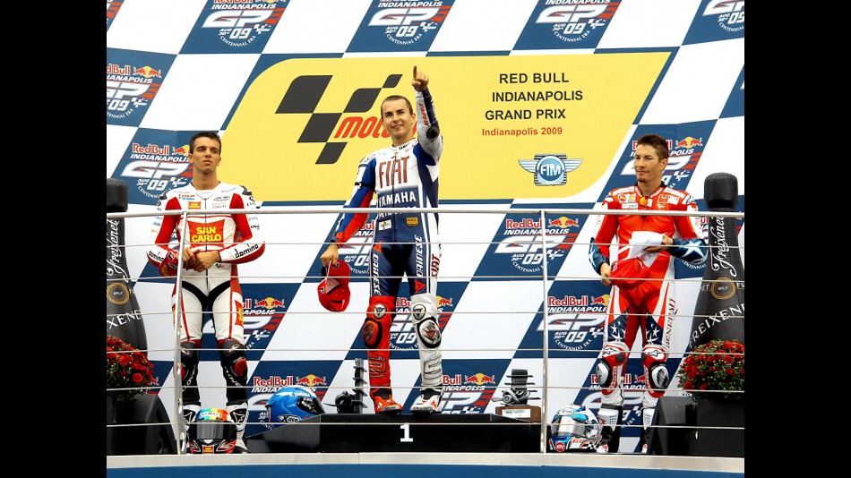 De Angelis, Lorenzo and Hayden on the podium at the Red Bull Indianapolis Grand Prix