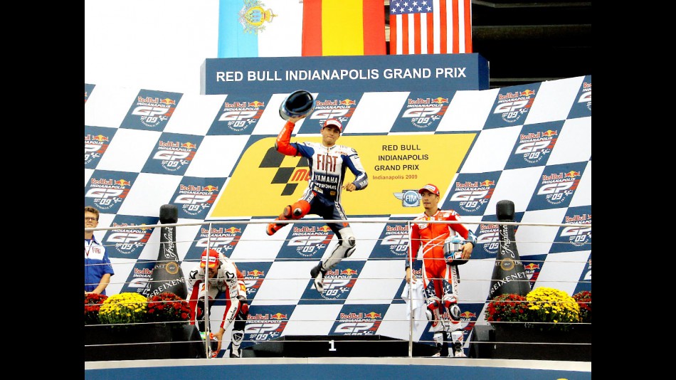 Jorge Lorenzo celebrates GP win at the Red Bull Indianapolis Grand Prix