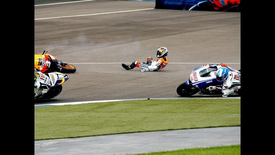 Dani Pedrosa crashes during the Race at Indianapolis