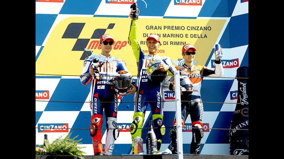 Lorenzo, Rossi and Pedrosa on the podium at Misano