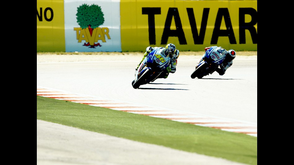 Rossi riding ahead of Pedrosa and Lorenzo in Misano