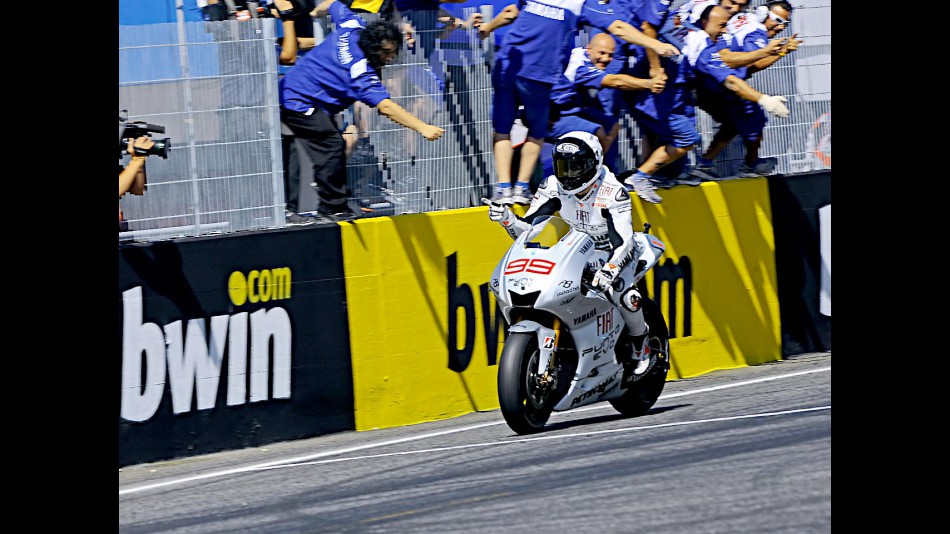 Jorge Lorenzo celebrates GP win at Estoril