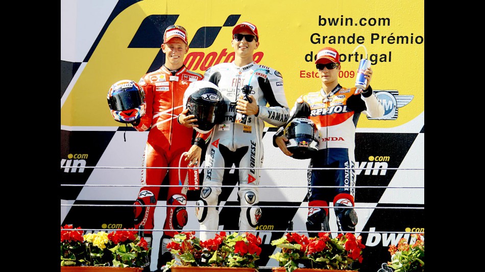 Stoner, Lorenzo and Pedrosa on the podium at Estoril