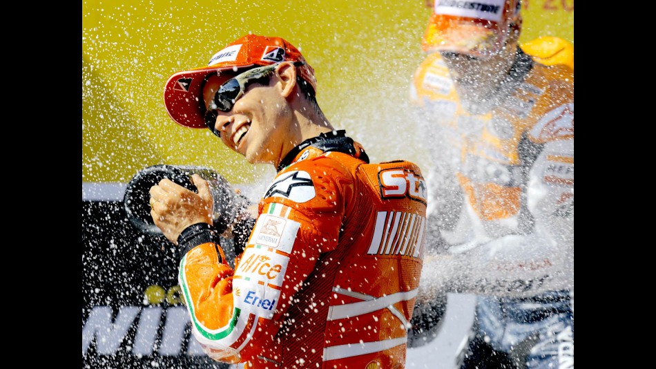 Casey Stoner on the podium at Estoril