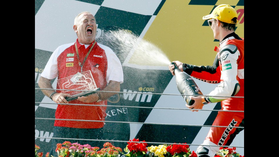 Karlos Arguiñano and Pol Espargaró celebrating podio at Estoril
