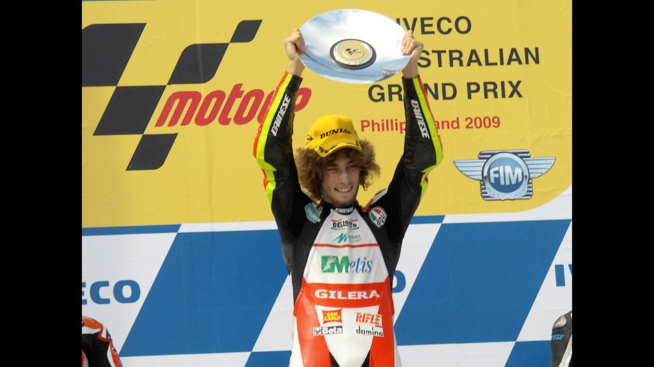 Marco Simoncelli on the podium at Phillip Island