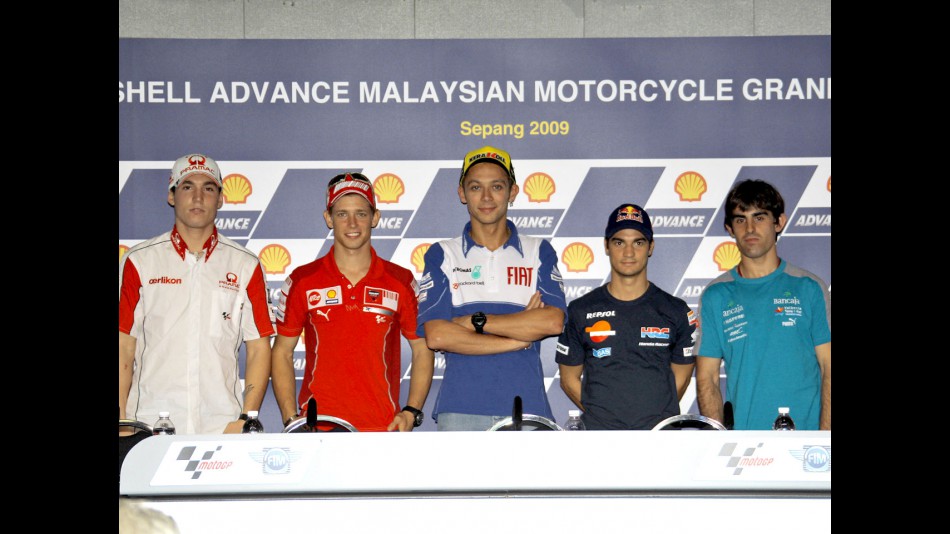 Espargaró, Stoner, Rossi, Pedrosa and Simón at the press conference in Sepang