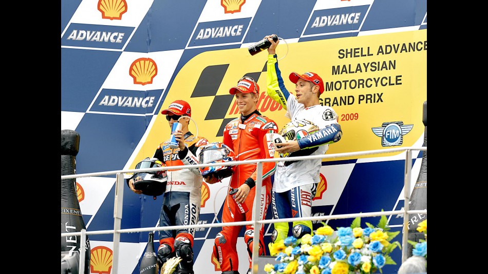 Pedrosa, Stoner and Rossi on the podium at Sepang
