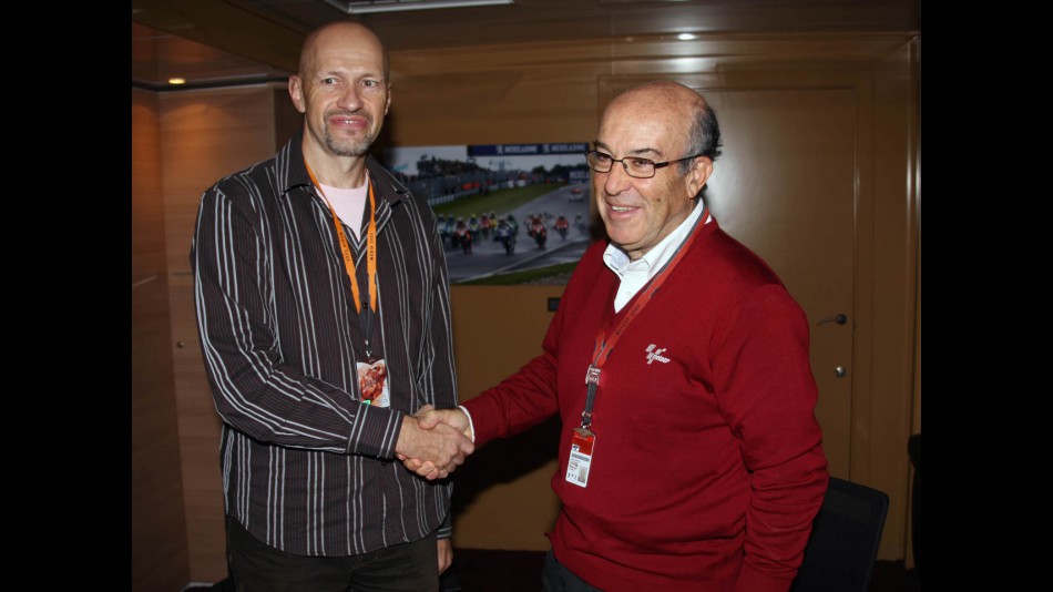 Dorna Sports CEO Carmelo Ezpeleta and Nelonen Media Head of Sports Jorma Paakkari 