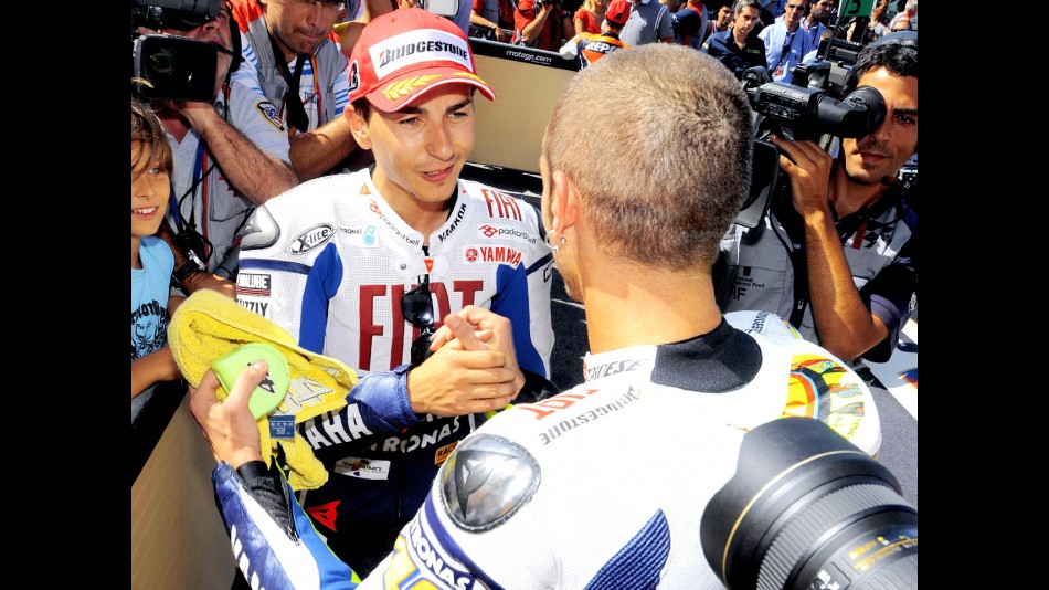 Yamaha´s Rossi and Lorenzo in the parc fermé