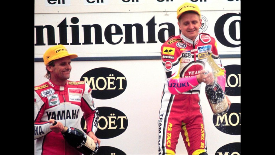 Kevin Schwantz and Wainey Rainey on the podium