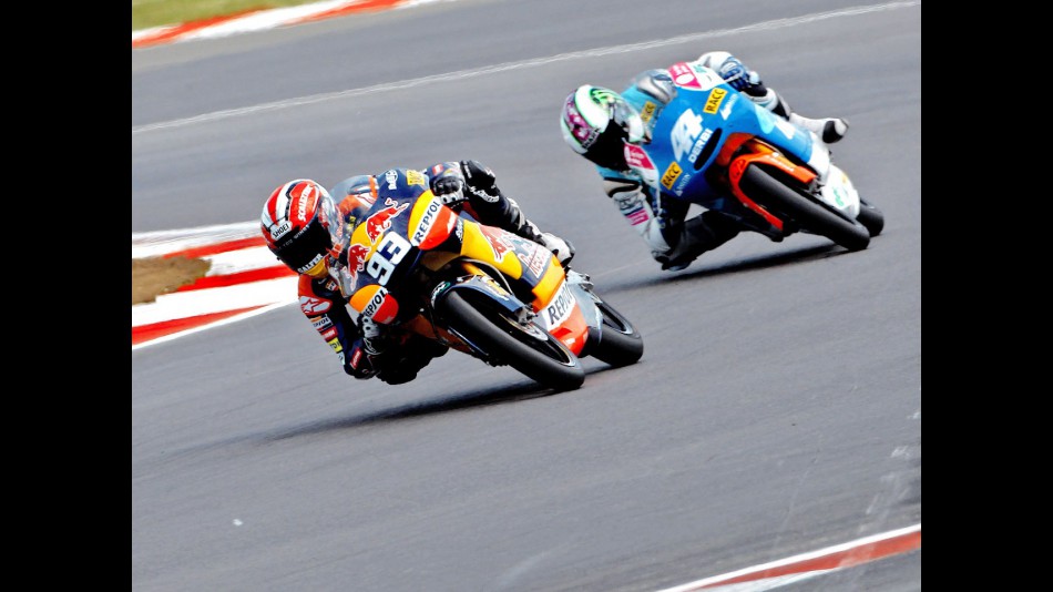 Marquez riding ahead of Espargaró during the race at Silverstone