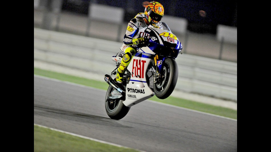 Valentino Rossi pulss off a wheelie during FP1 in Qatar