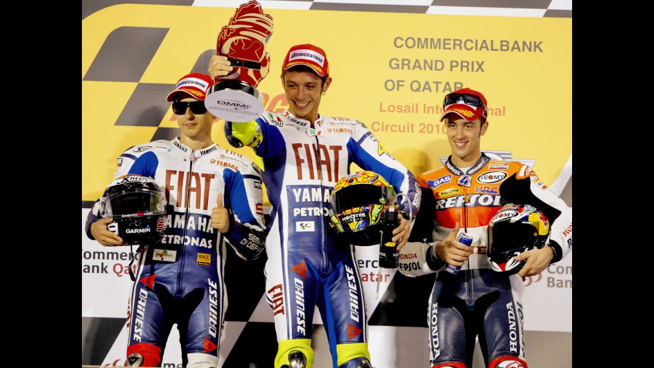 Lorenzo, Rossi and Dovizioso on the podium at the Commercialbank G.P. of Qatar