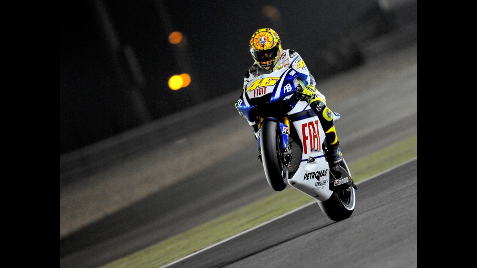 Valentino Rossi pulls off a wheelie at the Commercialbank G.P. of Qatar
