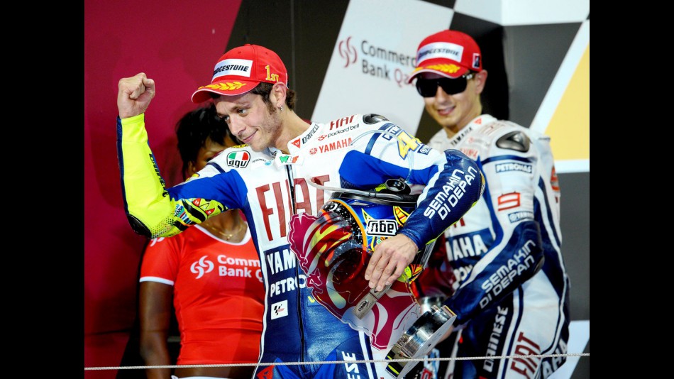 Rossi and Lorenzo on the podium at Qatar