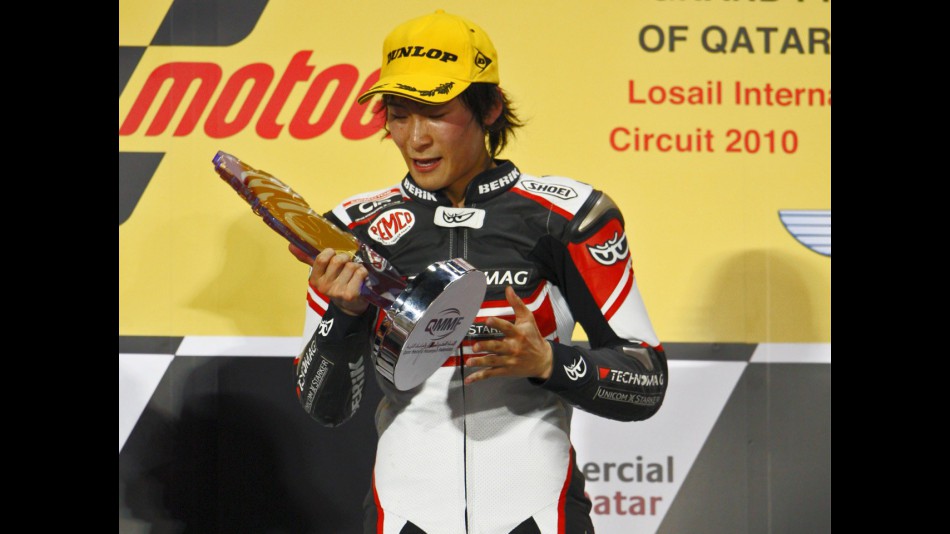 Shoya Tomizawa on the podium at Qatar