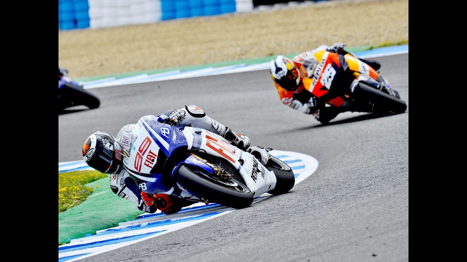 Lorenzo riding ahead of Pedrosa in Jerez