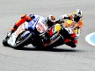 Lorenzo and Pedrosa riding head to head during the race in Jerez
