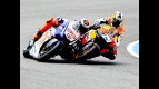 Lorenzo and Pedrosa riding head to head during the race in Jerez