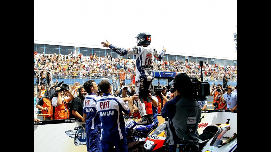Jorge Lorenzo celebrates with fans GP win in Jerez