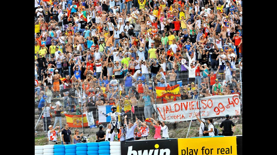 Jorge Lorenzo celebrates with fans GP win in Jerez