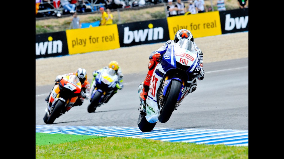 Lorenzo riding ahead of Pedrosa and Rossi in Jerez