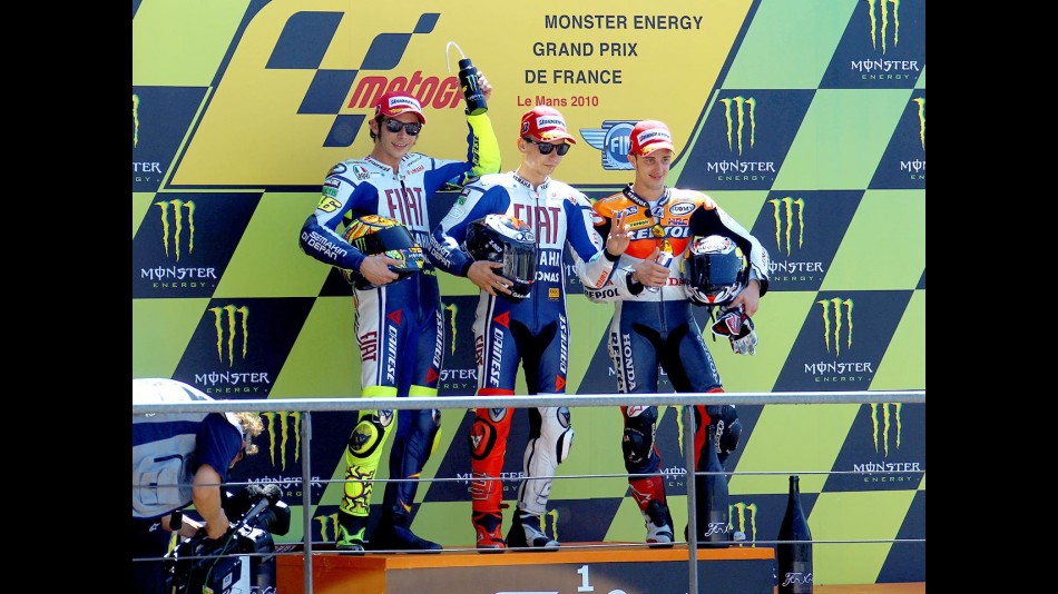 Rossi, Dovizioso and Lorenzo on the podium in Le Mans