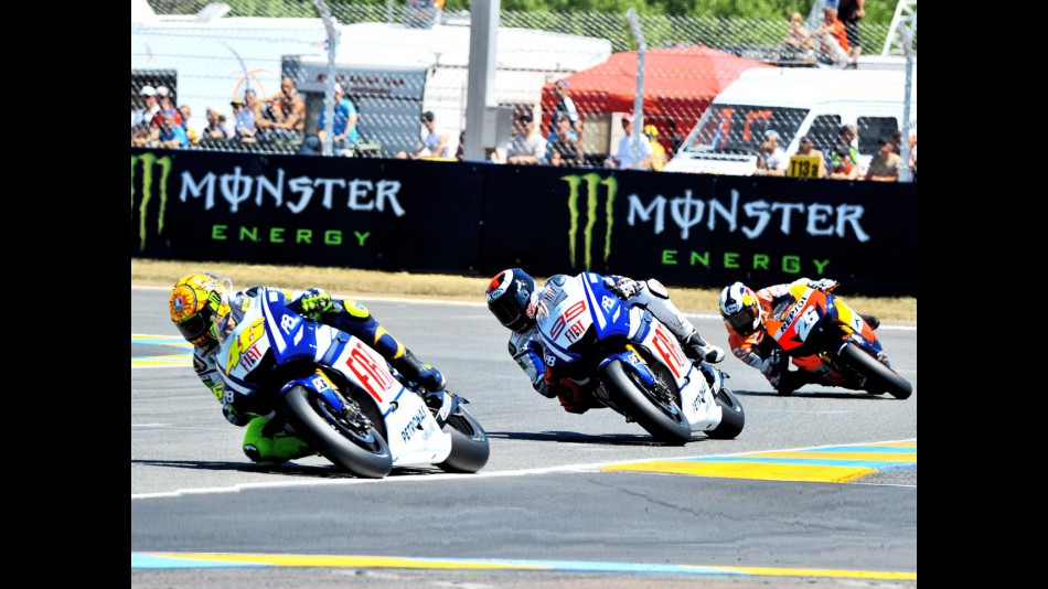 Rossi, Lorenzo and Pedrosa action shot in Le Mans