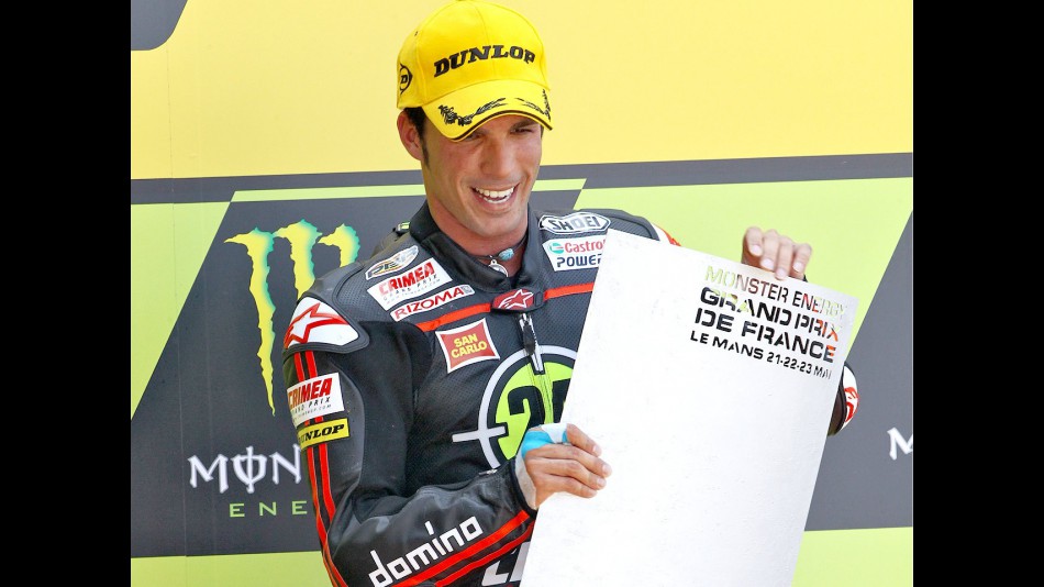 Toni Elias on the podium in Le Mans