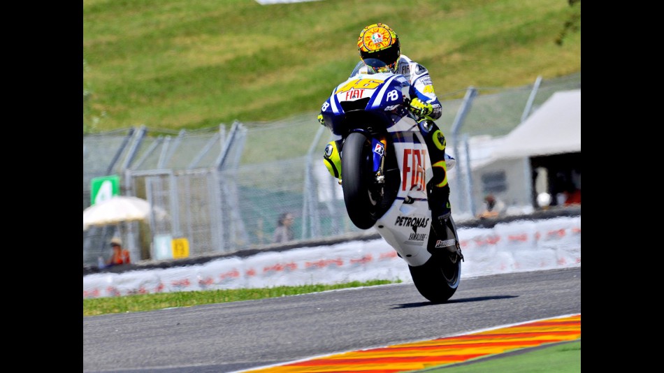 Valentino Rossi pulls off a wheelie at the FP1 in Mugello