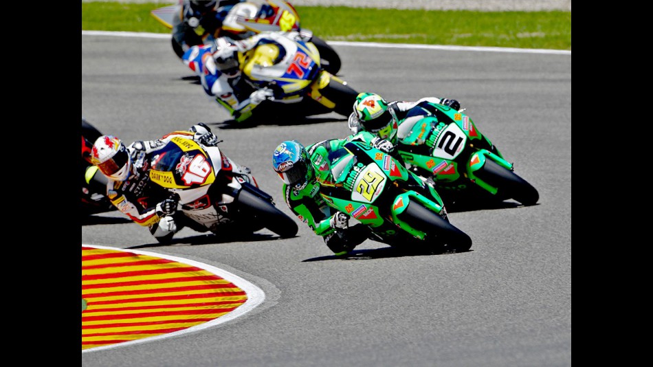 Andrea Iannone riding ahead of Moto2 group in Mugello