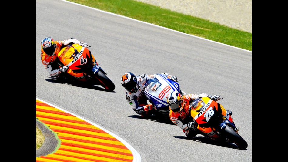 Pedrosa riding ahead of Lorenzo and Dovizioso during the Race at Mugello