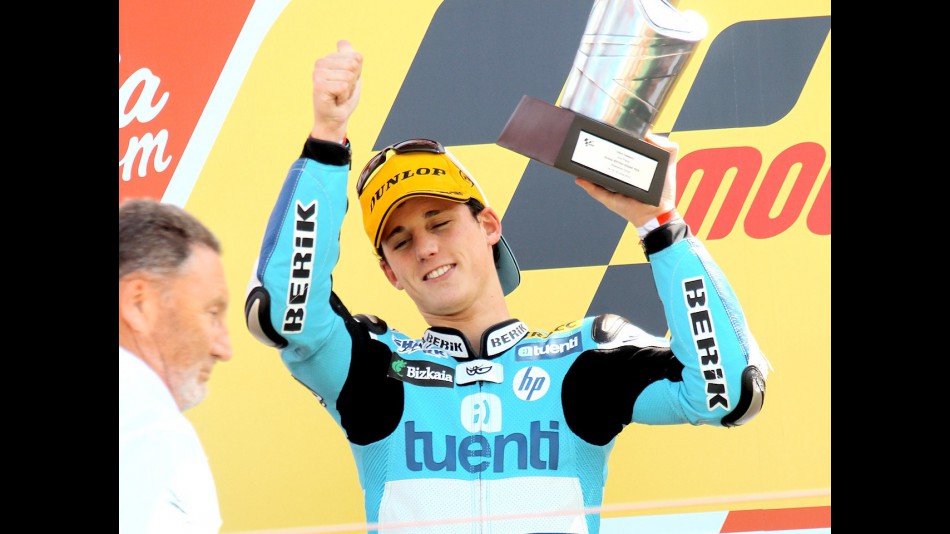 Pol Espargaró on the podium at Silverstone