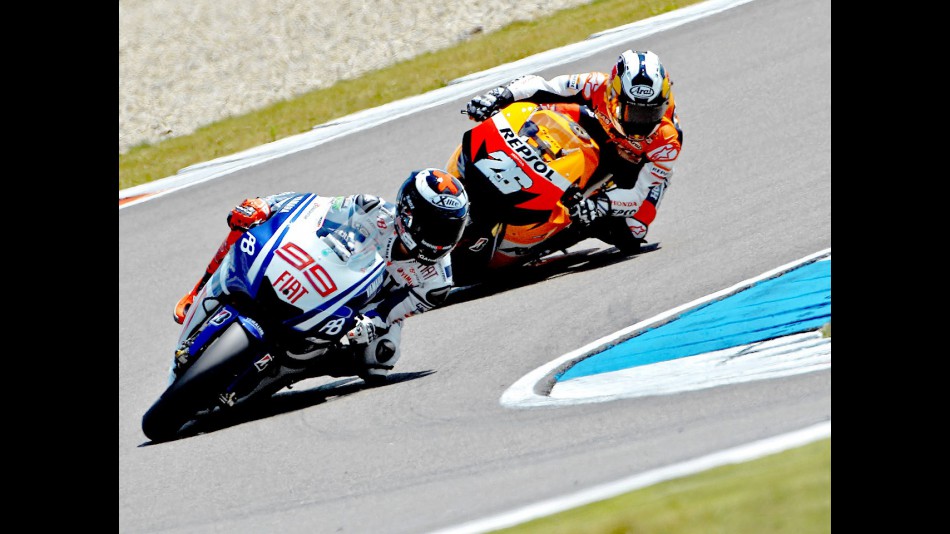 Lorenzo riding ahead of Pedrosa during the race in Assen