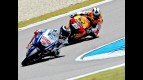 Lorenzo riding ahead of Pedrosa during the race in Assen