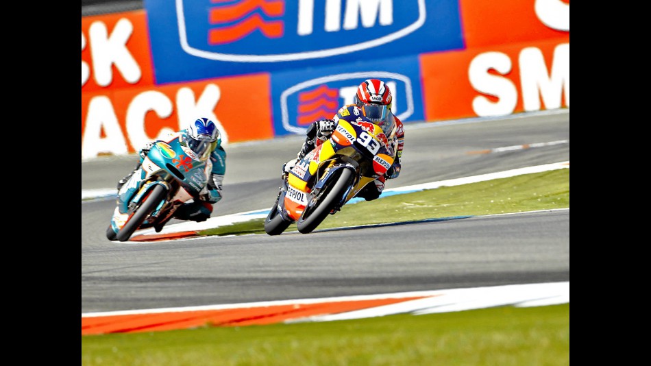 Marquez riding ahead of Terol during the race at Assen