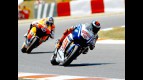 Lorenzo riding ahead of Dovizioso at the Catalunya Circuit