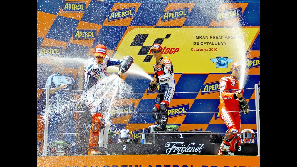 Lorenzo, Pedrosa and Stoner on the podium at the Catalunya Circuit