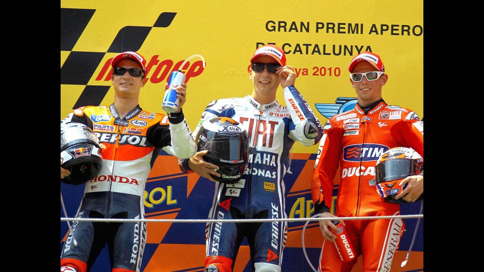 Pedrosa. Lorenzo and Stoner on the podium at the Catalunya Circuit