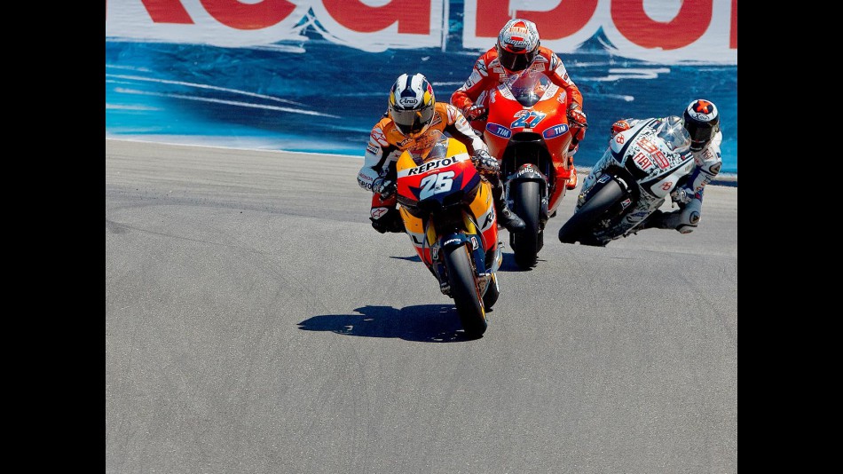 Pedrosa riding ahead of Stoner and Lorenzo