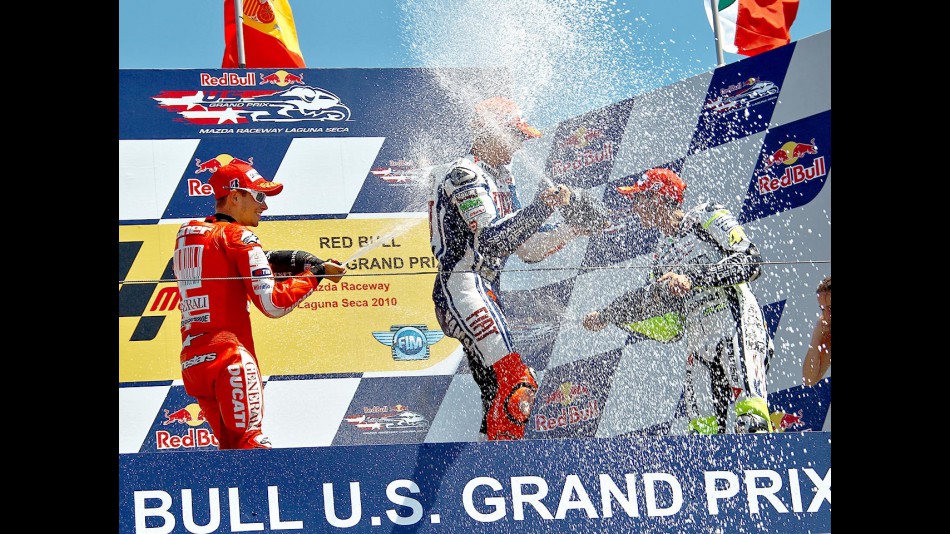 Stoner, Lorenzo and Rossi celebrates GP win on the podium in Laguna Seca