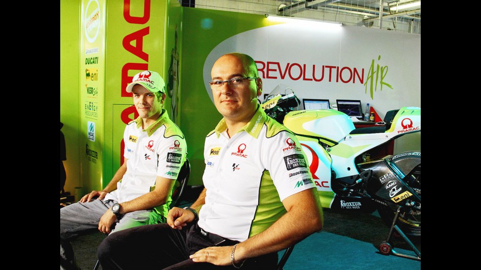 Chief Engineer Fabio Sterlacchini and Mika Kallio in the Pramac Racing garage
