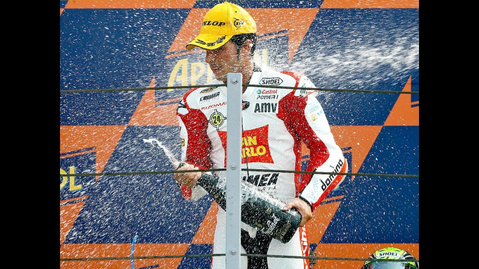 Toni Elías on the podium at Misano