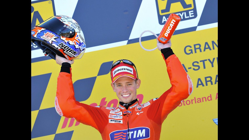 Casey Stoner on the podium at Motorland Aragón
